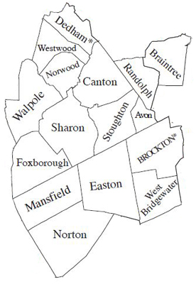 Avon, Braintree, Brockton, Canton, Dedham, Easton, Foxboro, Mansfield, Norton, Norwood, Randolph, Sharon, Stoughton, Walpole, West Bridgewater, Westwood